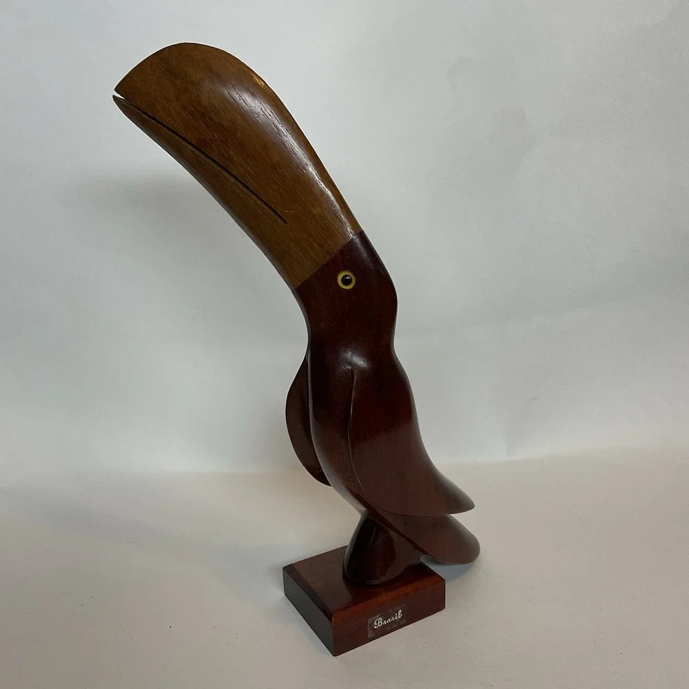 Vintage Brazil Wood Hand Carved Toucan Sculpture Figurine Statue Glass Eyes 9,5